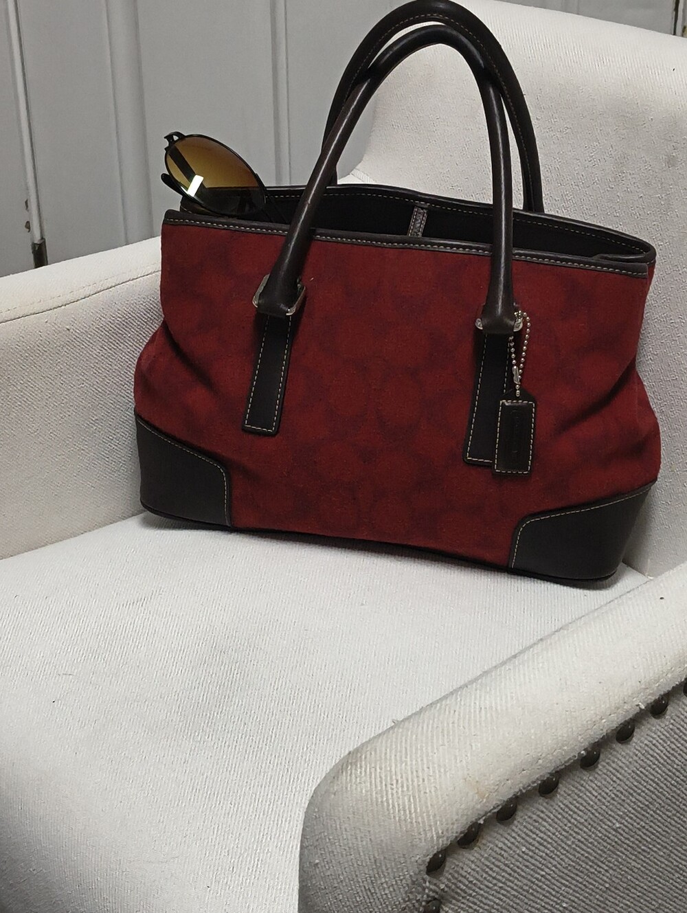 Coach Hamptons Weekend Signature Suede Tote Bag Red Brown Leather Excellent Cond - Picture 2 of 15